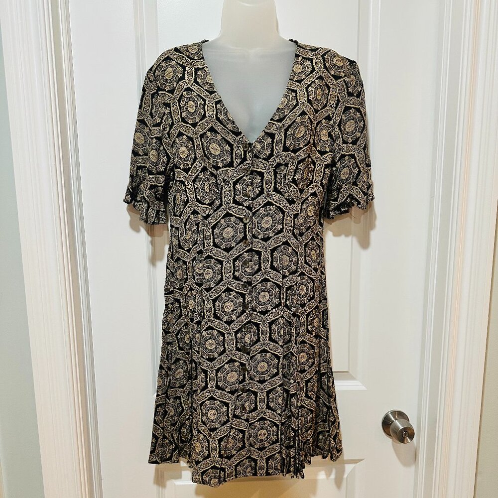 Vintage ‘90s Baraka Tan & Black Floral Print Dress, Size S